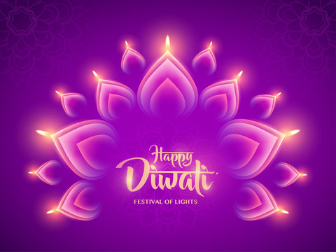 Happy Diwali. Indian luminous Diya Oil Lamp Design. Indian festival of lights. 
