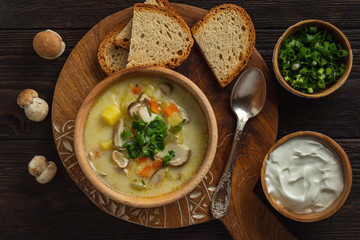 Homemade wild mushroom soup on wooden tray.