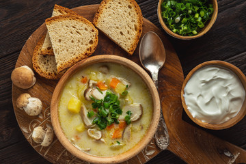 Homemade wild mushroom soup on wooden tray.