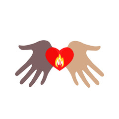 Two hands of different skin colors holding a burning heart.