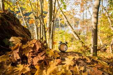 Vintage black alarm clock on autumn leaves. Time change abstract photo. Daylight saving time.