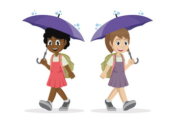 School  Girl with umbrella in the rain.