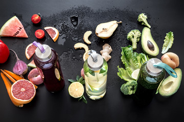 natural smoothie drink on a black background. Flat lay. Top view.