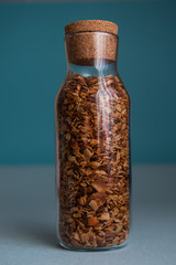 Muesli in a glass jar. Kitchen food storage system