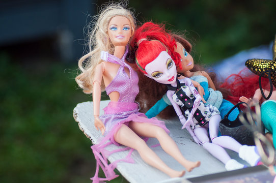brunstatt - France - 15 Septembre 2019 - Closeup of Barbie dolls collection at flea market in the street