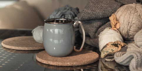Cozy Autumn still life background with beautiful Cup.