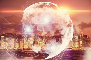 Double exposure of business theme hologram drawing and city veiw background. Concept of success.
