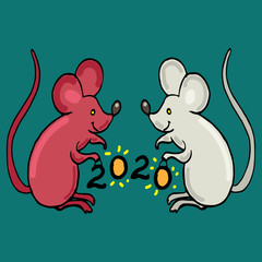 Two cute smiling mice hold yellow lanterns in their paws. 2020. Vector illustration. New Year template on blue vintage background