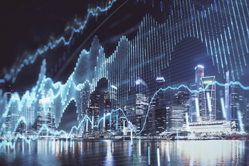 Financial chart on city scape with tall buildings background multi exposure. Analysis concept.