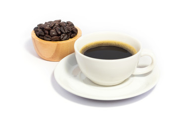Black coffee in white cup with coffee beans in wooden bowl. isolated on white