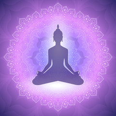 Fototapeta na wymiar Yoga. Lotus position silhouette. Meditation or meditate vector illustration. Chakra concept. Buddha silhouette in lotus position. Buddhism esoteric motifs.