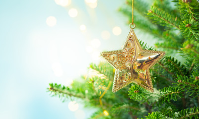 Christmas fir tree branches with golden star decoration  on blurred blue background. Christmas and Winter concept.