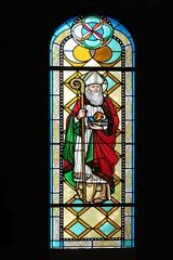 Saint Nicholas, stained glass window in the Shrine of the Queen of Peace in Hrasno, Bosnia and Herzegovina