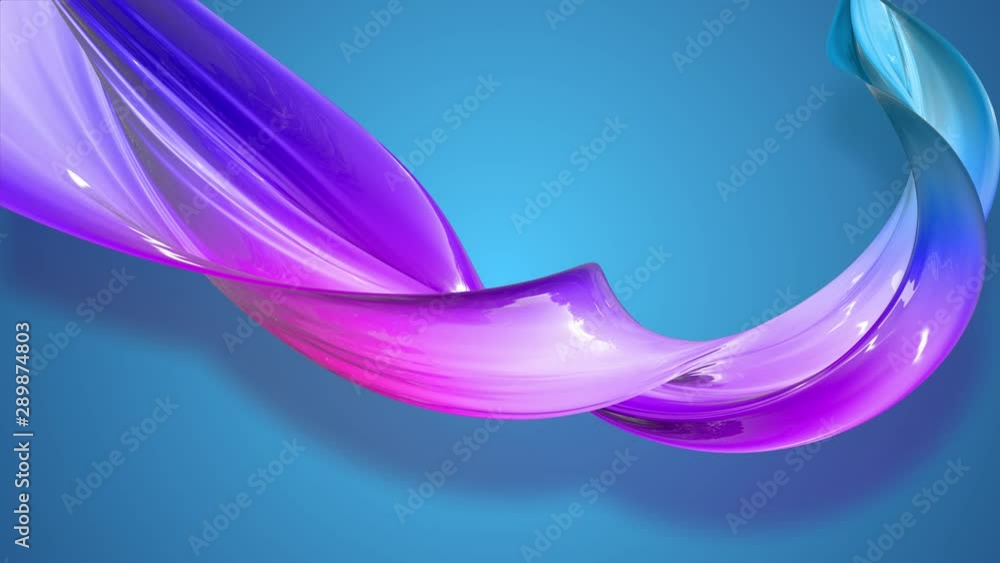 Poster a twisted ribbon of gradient red blue violet color move around on a blue background. 4k abstract bri