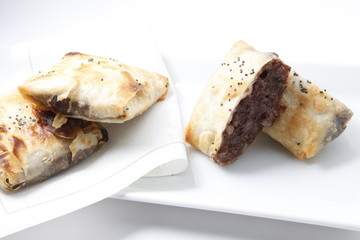 pincho aperitivo gourmet de morcilla. gourmet blood sausage appetizer skewer.	