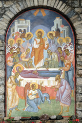 Death of the Virgin, fresco at the external wall of the 15th-century monastery Assumption of the Virgin Mary in Tvrdos near Trebinje, Bosnia and Herzegovina