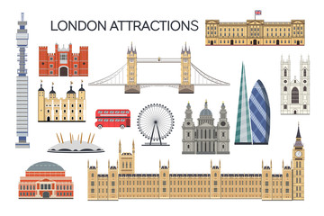London architecture. Collection of London attractions. Vector set of London city. Travel Untied Kingdom attractions. English architecture flat style illustration - obrazy, fototapety, plakaty