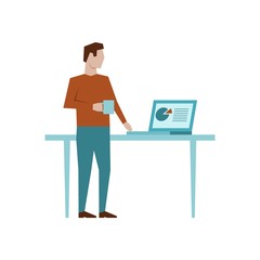 Man standing at his workplace and drink coffee or tea. Guy holding cup of tea or coffee near near laptop on the table. Flat design vector illustration