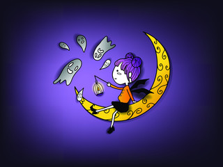 colorful kawaii cute hand draw doodle art, the witch is sitting on the crescent moon with ghost