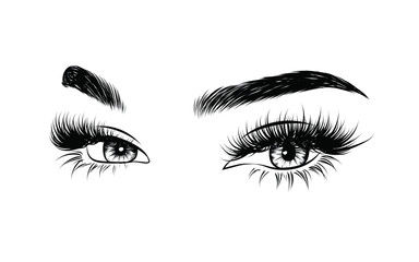 Hand-drawn woman's sexy luxurious eye with perfectly shaped eyebrows and full lashes. Idea for business visit card, typography vector. Perfect salon look.