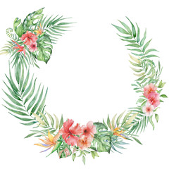 watercolor tropical plants wreath. Exotic flowers and leaves