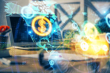 Stock market graph and table with computer background. Multi exposure. Concept of financial analysis.