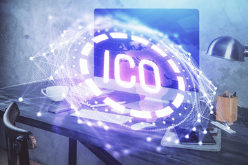 Multi exposure of blockchain theme hologram and table with computer background. Concept of bitcoin crypto currency.