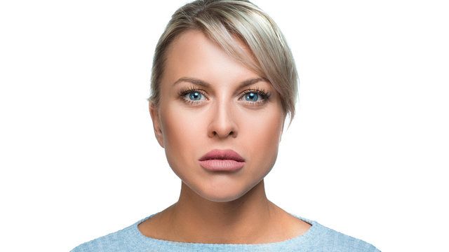 Close up portrait of a blonde woman portrait. Skin care and plastic surgery blank