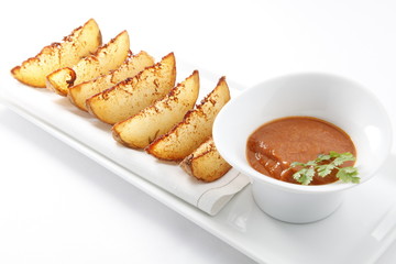 Fuente de gajos de patatas con salsa para un aperitivo. Platter of potato wedges with sauce for an appetizer.