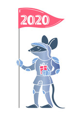 Color graphic silhouette symbol of Chinese year of animal – white metal Mouse or Rat, a cute funny character or logo in form of knight in armor with the numbers 2020 on flag. Vector illustration.