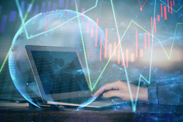 Double exposure hands with stock market chart. Concept of research and analysis.