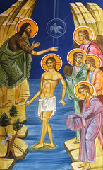 Baptism of the Lord, fresco in the Church of Saint Paraskeva of the Balkans near Saint Naum Monastery, Ohrid in Macedonia