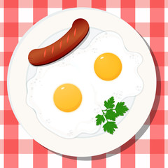 Vector drawing. Breakfast concept, fried egg with sausage.