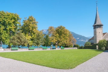 Spiez castle on lake Thun, Jungfrau region, canton Bern, Switzerland