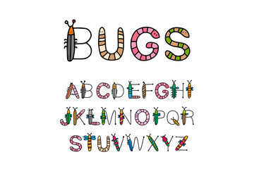 Bugs hand drawn vector lettering alphabet in cartoon style insects abc for kids
