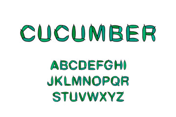 Cucumber hand drawn vegan lettering alphabet abc green illustration in cartoon style