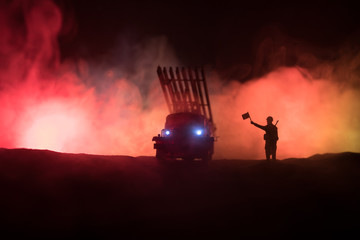 Rocket launch with fire clouds. Battle scene with rocket Missiles with Warhead Aimed at Gloomy Sky...