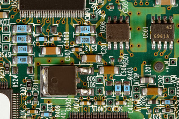 Computer motherboard Close Up. Macro shot of a Circuit Board with electronic components. old Computer hardware technology. processor. Information engineering. Electronic computer hardware technology.