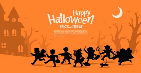 Foto op Plexiglas Children in Halloween fancy dress to go Trick or Treating.Template for advertising brochure. Happy Halloween. © yatate