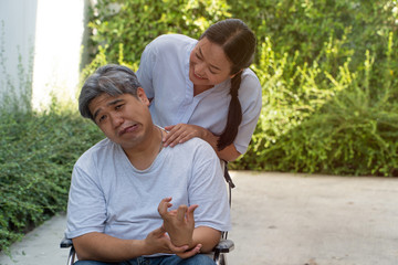 The patient is Cerebrovascular accident or stroke Caused by hypertension and obesity, sitting in...