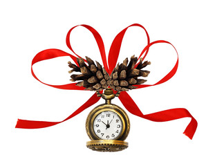 Christmas arrangement with pine twigs, cones and red silk ribbon bow