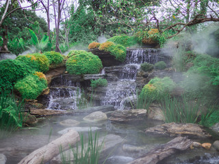 view of beautiful waterfall in green garden background - 289885209