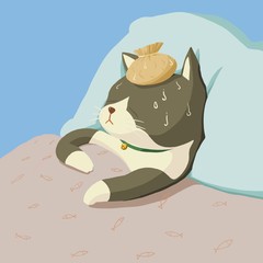 A sick cat in bed