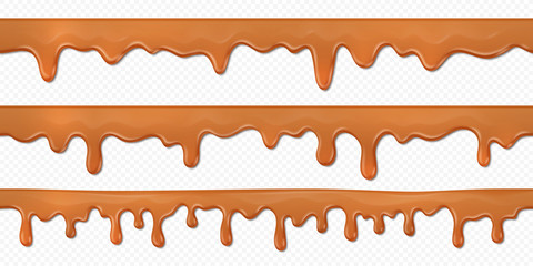 Seamless caramel drips. Realistic 3D toffee flows isolated on white background, melted milk chocolate horizontal splash. Vector illustration cream sauce or honey pour for sweets pastry set