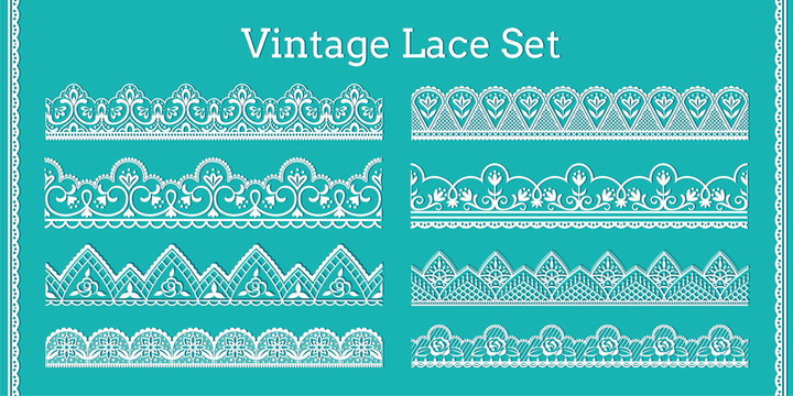 Lace borders. Seamless decorative frills with ornamental and floral elements for invitation and greeting cards. Vector anglaise set of vintage cotton laces eyelets for frilled decor