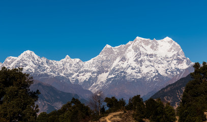 Natural beauty of Uttarakhand with snow covered mountains in Chopta Valley