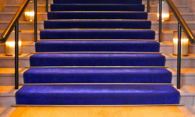Elegant staircase of an event venue with a purple velour rug for a festive event.