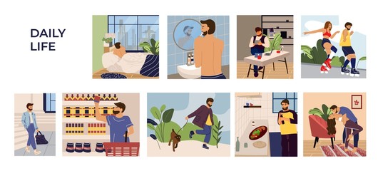 Man activities scenes. Cartoon hand drawn young man character leisure, work and routine. Vector illustration set men in home and outdoors sleeping shopping resting working walk with dog