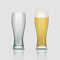 Beer glass cups. Empty transparent mug and full mug, realistic 3D beer pint. Vector tall drink glass on transparent background for restaurant menu
