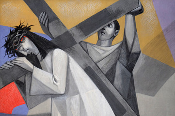 5th Stations of the Cross, Simon of Cyrene carries the cross, Church of the Holy Trinity in...